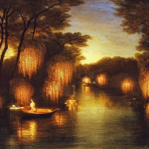 Prompt: a beautiful poetic captivating magical river with gorgeous lights and persimmons floating in it, by baroque era artist when they were depressed after a breakup with their lovers