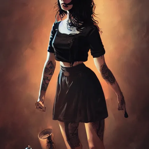 Image similar to french bar maid, tattoos, black t - shirt, black skirt, detailed portrait, intricate complexity, by greg rutkowski, artgerm, ross tran, conrad roset, takato yomamoto, ilya kuvshinov. 4 k, beautiful, cinematic dramatic atmosphere