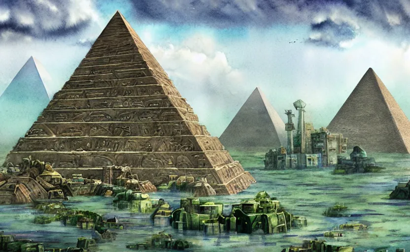 Image similar to a realistic and atmospheric cell - shaded watercolor concept art from howl's moving castle ( 2 0 0 4 ) of a sci - fi city and an egyptian pyramid complex in a flooded rainforest. very dull muted colors, hd, 4 k, hq