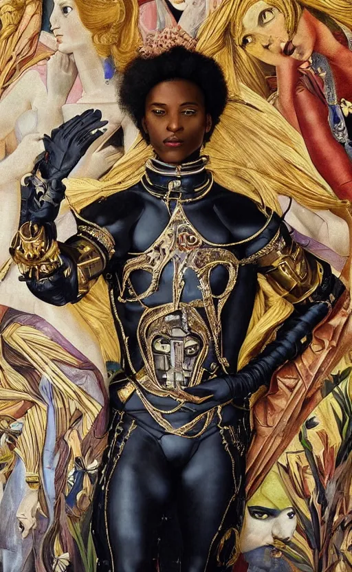 Image similar to beautifully painted mural of a stunning young black cyborg prince in ornate royal fabric, piercing glowing eyes, sci fi scenery, vogue cover poses, mural in the style of sandro botticelli, caravaggio, albrecth durer