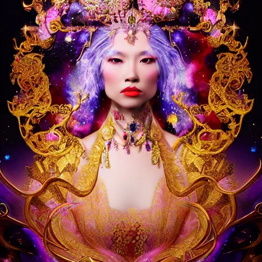 Image similar to a beautiful empress portrait, with a brilliant, impossible striking big cosmic galaxy headpiece, clothes entirely made out of cosmos chaos energy, symmetrical, dramatic studio lighting, rococo, baroque, jewels, asian, hyperrealism, closeup, D&D, fantasy, intricate, elegant, highly detailed, digital painting, artstation, octane render, 8k, concept art, matte, sharp focus, illustration, art by Artgerm and Greg Rutkowski and Alphonse Mucha