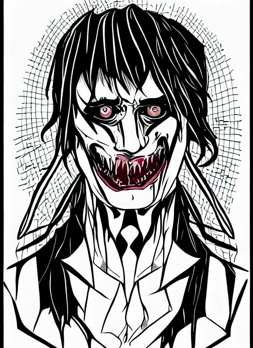 Image similar to bored male vampire, symmetrical face, creepy halloween theme, color illustration line art style