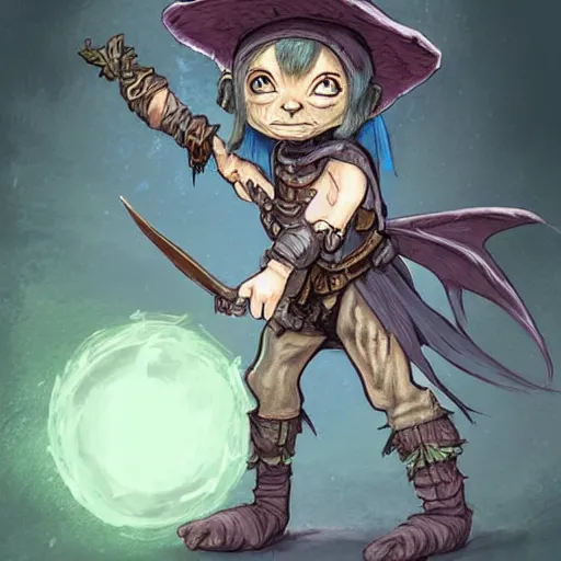 Image similar to cute tiny goblin girl wearing hunter armor from Bloodborne and a wizard hat, geeen skin, d&d, art by Shadbase