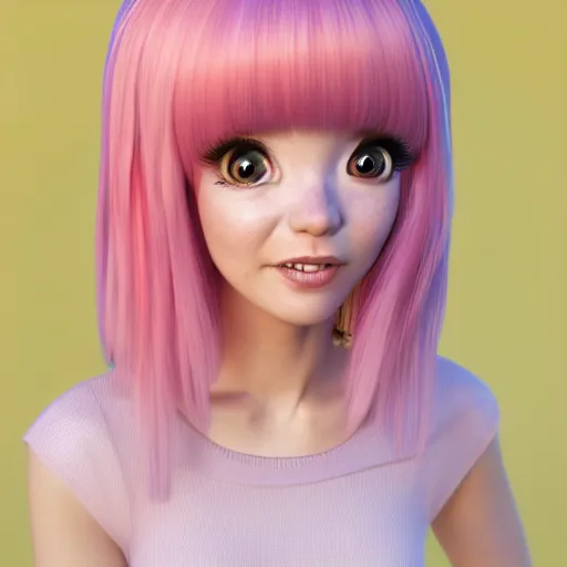 Image similar to A portrait of Nikki from Shining Nikki and Love, a cute 3d cgi toon young woman with long light pink hair, full bangs, hazel eyes, full face, light makeup, pale skin, Chinese heritage, cute outfit, medium shot, mid-shot, hyperdetailed, 8k, trending on artstation, as a Pixar character