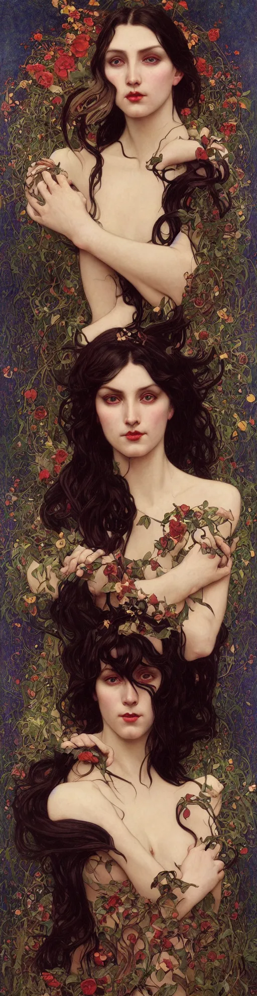 Image similar to masterpiece painting of ephemeral vampire raven haired girl by donato giancola, darius zawadzki and tom bagshaw, face by artgerm and edmund leighton, alphonse mucha, background by james jean and gustav klimt, 8 k, horror, dark color palette, volumetric lighting, porcelain skin, french nouveau, trending on pixiv