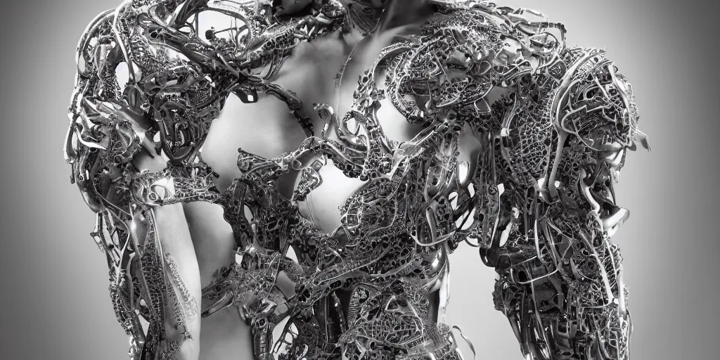 Image similar to hyper realistic photography of a stunningly beautiful cyborg female, plated arm, intimate, chest, holding close, ribbons, in the style of beth cavener, jin kagetsu,, and wlop, highly detailed, intricate filigree, symmetry, masterpiece, award winning, sharp focus, concept art, highkey lighting, ambient lighting, octane render, 8 k, artstation