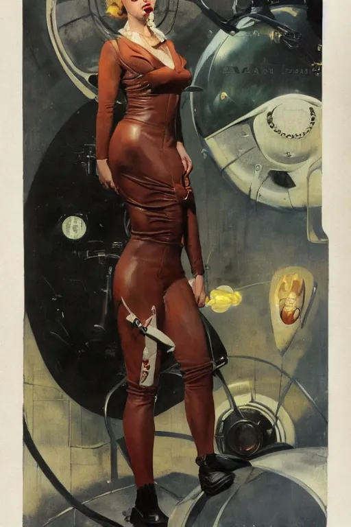 Prompt: 5 0 s pulp scifi fantasy illustration portrait striking elegant mature woman in leather spacesuit by norman rockwell, roberto ferri, daniel gerhartz, edd cartier, jack kirby, howard v brown, ruan jia, tom lovell, frank r paul, jacob collins, dean cornwell, astounding stories, amazing, fantasy, other worlds