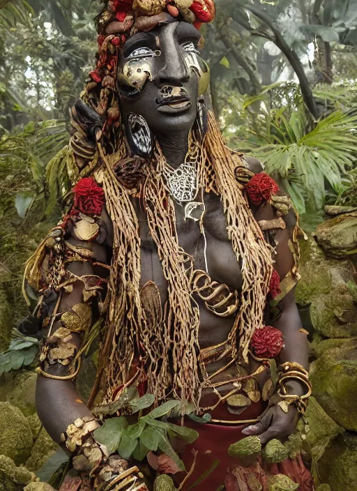 Prompt: elegba eshu in the bush of ghosts, highly detailed, rule of thirds, elegant, ornate textures, symmetrical, luxury, elite, james jean, brian froud, ross tran, 3 d render, cg society, photo realistic, super detailed, octane materials, octane render, 8 k