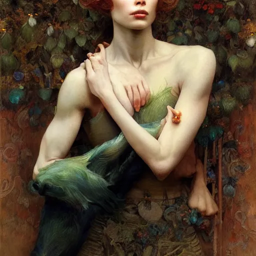 Prompt: epic masterpiece full body portrait half beast half woman crying acrobatic pose, beautiful face and flawless skin, by Edgar Maxence and Ross Tran and Michael Whelan