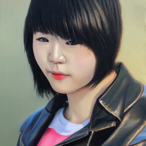 Prompt: perfect, realistic oil painting of close-up japanese young woman wearing leather jacket, in Neverwinter