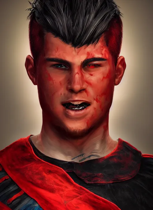 Image similar to An epic fantasy comic book style portrait painting of a young man with black and red cowlick undercut haircut, wearing a red shirt, black overcoat, blue jeans. Unreal 5, DAZ, hyperrealistic, octane render, cosplay, RPG portrait, dynamic lighting