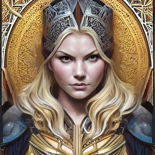 Image similar to head-on symmetrical centered painted portrait, Elisha Cuthbert as a paladin, blonde hair, ornate iron armour, art nouveau, tarot card style, medieval robes, fantasy, intricate, elegant, highly detailed, smooth, sharp focus, illustration, artstation, in the style of Artgerm and Anna Podedworna and Alex Ross and Mucha