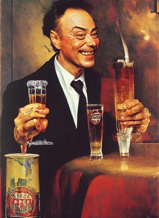 Image similar to upper body portrait of udo kier drinking a pint of moretti beer, by frank frazetta and lawrence alma-tadema and zdzislaw beksinski and norman rockwell and jack kirby