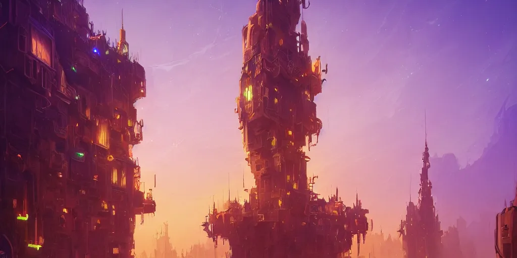 Prompt: golden tower, ornate and intricate, by greg rutkowski, by anton fadeev, by rhads, 4 k, cyber punk style, glowing blue veins, purple glowing wires