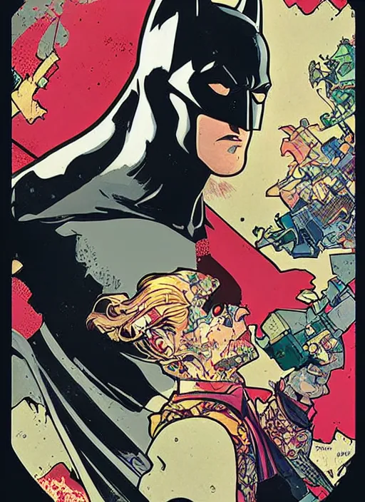 Image similar to batman, portrait illustration, pop art, splash painting, art by geof darrow, ashley wood, alphonse mucha, makoto shinkai