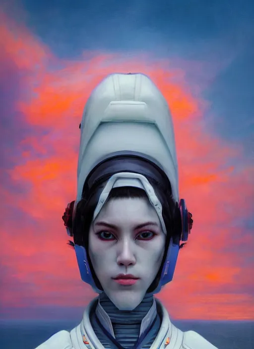 Image similar to symmetry!!! closeup portrait! of a samurai racer girl, fashion white jumpsuit, shoulder pads, in clouds, cinematic light, windy, teal orange, volumetric smoke, by gerald brom, by mikhail vrubel, by peter elson, muted colors, extreme detail, trending on artstation, 8 k