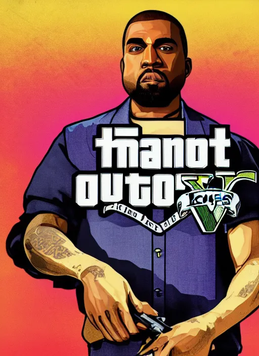 Image similar to illustration gta 5 artwork of holy saint kanye west, gold, ( jesus ), in the style of gta 5 loading screen, by stephen bliss
