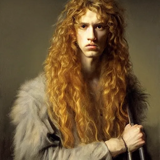 Prompt: a striking hyper real painting of Lucius the pretty pale androgynous prince with long fluffy curly blond hair by Jan Matejko