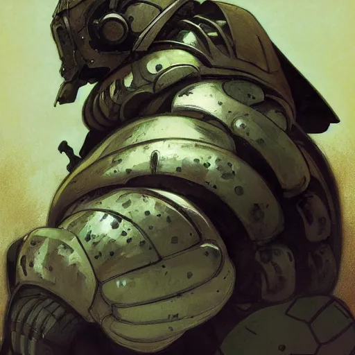 Prompt: portrait of hulking, brutish clone with vacant expression and giant isopod attached to back of neck, wearing brutalist black steel power armor and camoflauge cloak, clearly visible face, science fiction concept art by Anato Finnstark, Alphonse Mucha, and Greg Rutkowski