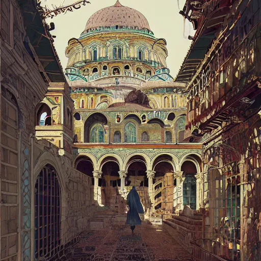 Prompt: beautiful painting of byzantine architecture,by victo ngai,greg rutkowski, Trending on artstation.