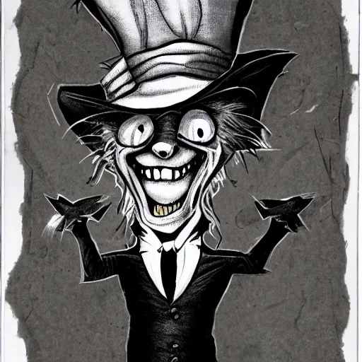 Image similar to a Pop Wonder scary horror themed goofy-hilarious-character Mad-Hatter-wearing a scarf, 3-piece-suit, dime-store-comic drawn with charcoal and pen and ink, half-tone-line-stacking