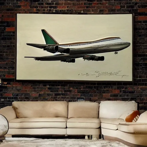 Image similar to a painting of a boeing 7 4 7 jumbo jet, painted in the style of davinci