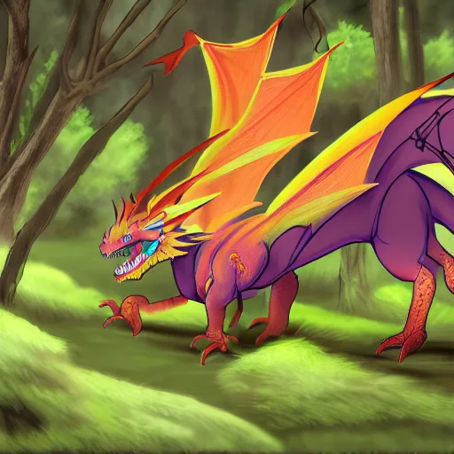 Prompt: a mulitcolored dragon roaming the forest, trending on pixiv