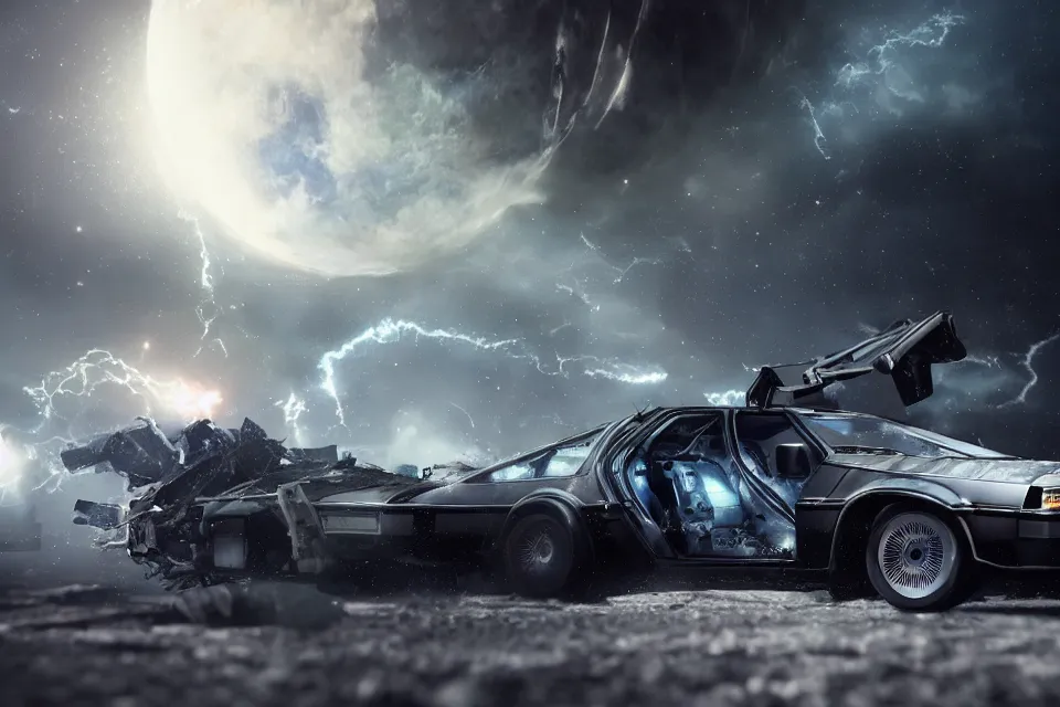 Prompt: ultra realistic delorean dmc 5 drifts on road wreckage orbiting earth in space, dark cinematic, volumetric, realistic, 3 d render, realistic render, cinematic lighting, volumetric lighting, atmospheric, cinematic, unreal engine 5, unreal engine render, octane render, hd, photorealism, hyper realistic, 8 k