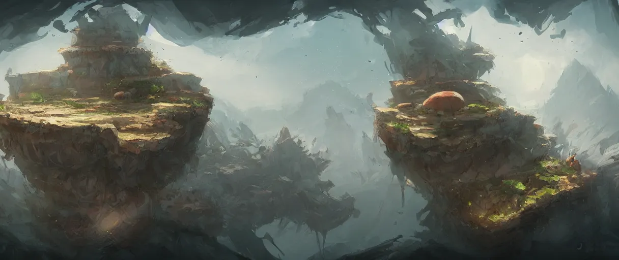 Image similar to floating islands in void concept art, low angle, cinematic, style of Jordan grimmer