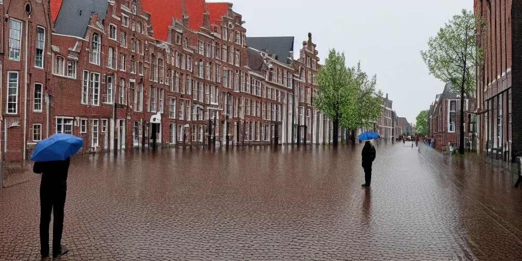 Prompt: a man admiring the rain in middelburg, the netherlands, digital art, 4 k,