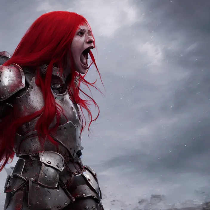 Prompt: a girl with a long red hair wearing a full-body red plate armor screaming in a battlefield, horror picture, hyperrealistic, concept art, octane render, unreal engine 5, 8K HDR, highly detailed, high quality, fantasy armor