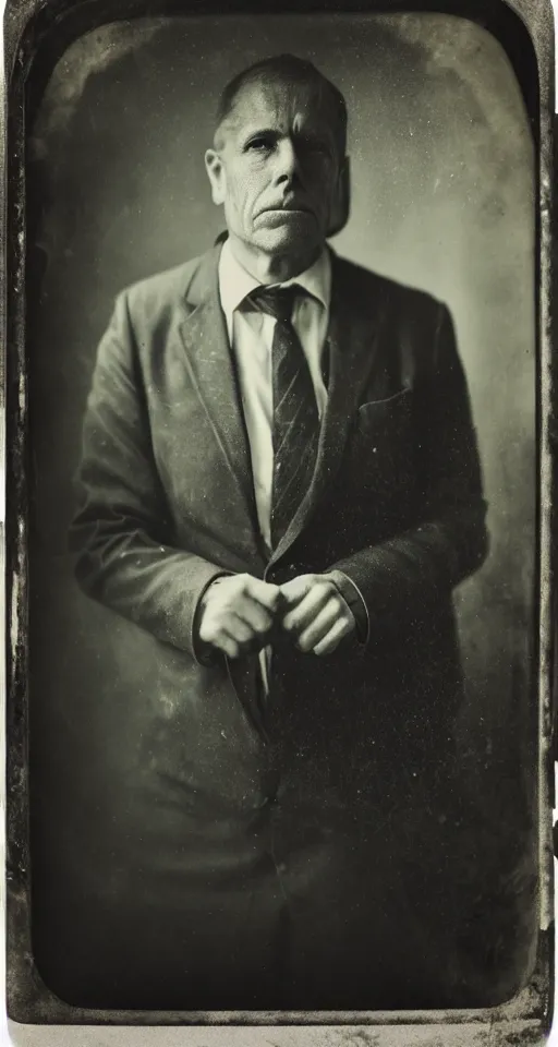 Image similar to a wet plate photograph, a portrait of a stern looking school teacher