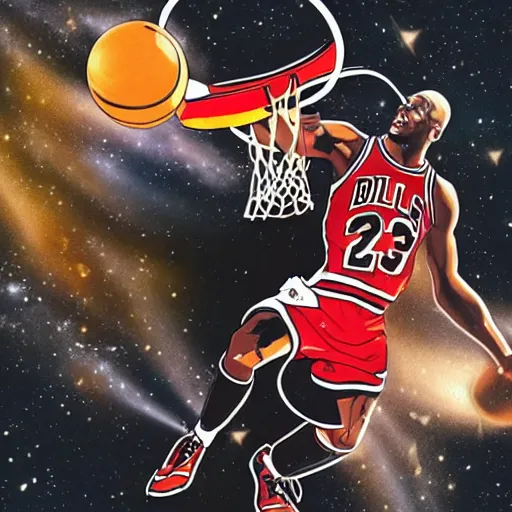 Prompt: Poster of Michael Jordan in space dunking into a black hole, highly detailed