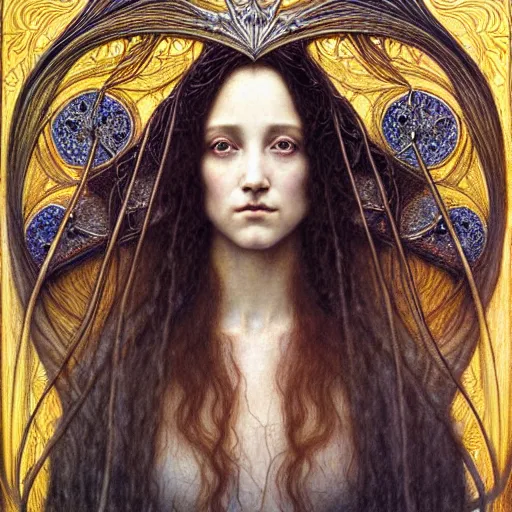 Image similar to detailed realistic beautiful young medieval queen face portrait by jean delville, gustave dore, iris van herpen and marco mazzoni, art nouveau, symbolist, visionary, gothic, pre - raphaelite