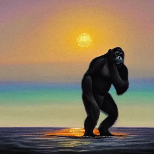 Image similar to oil painting of a gorilla standing on a small island surrounded by shallow water and trees at sunset, trending on artstation