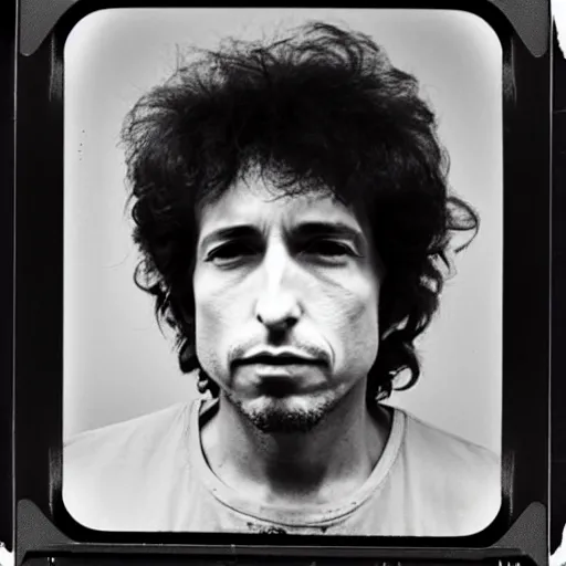 Image similar to Mugshot Portrait of Bob Dylan, taken in the 1970s, photo taken on a 1970s polaroid camera, grainy, real life, hyperrealistic, ultra realistic, realistic, highly detailed, epic, HD quality, 8k resolution, body and headshot, film still, front facing, front view, headshot and bodyshot, detailed face, very detailed face