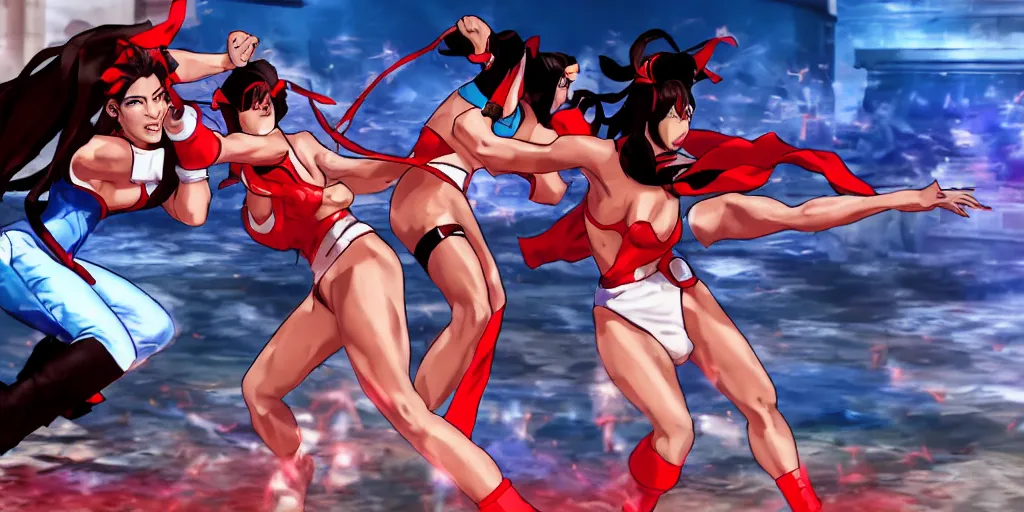 Image similar to Obama fighting solo against Mai Shiranui in King of the fighters XV, 1V1. HR Gameplay of PlayStation5, digital art.