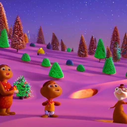 Prompt: Animated film still from a Pixar movie with a Candy land forest during christmas time with anthropomorphic ginger bread people and candy people, rivers made out of chocolate milk, the sky is pink, style of Pixar, Surreal, Angelic, HD, Hyper Realistic