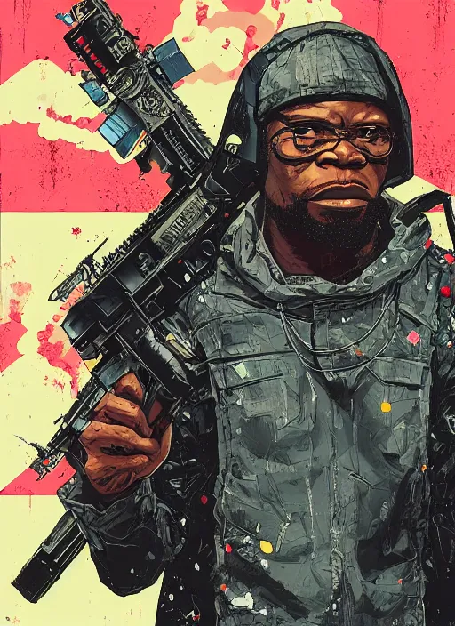 Image similar to chidi igwe. cyberpunk mercenary in military stealth suit. portrait illustration, pop art, splash painting, art by geof darrow, ashley wood, alphonse mucha, makoto shinkai