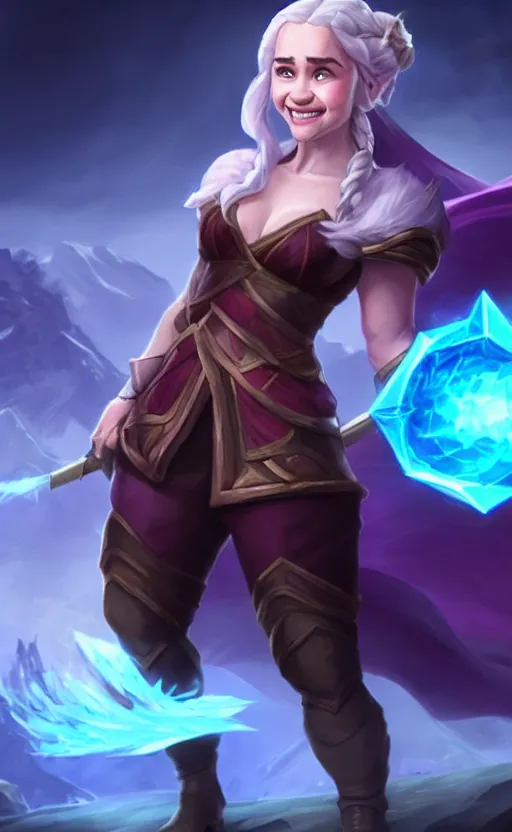 Image similar to Emilia Clarke as a character in the game League of Legends, with a background based on the game League of Legends, smiling, detailed face, old 3d graphics