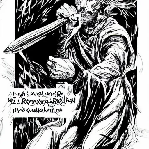 Image similar to black and white pen and ink!!!! rugged royal! Baháʼí Faith goetic Hugh Jackman x Frank Zappa golden!!!! Vagabond!!!! floating magic swordsman!!!! glides through a beautiful!!!!!!! battlefield dramatic esoteric!!!!!! pen and ink!!!!! illustrated in high detail!!!!!!!! by Junji Ito and Hiroya Oku!!!!!!!!! graphic novel published on 2049 award winning!!!! full body portrait!!!!! action exposition manga panel black and white Shonen Jump issue by David Lynch and Frank Miller beautiful line art Hirohiko Araki-s 150