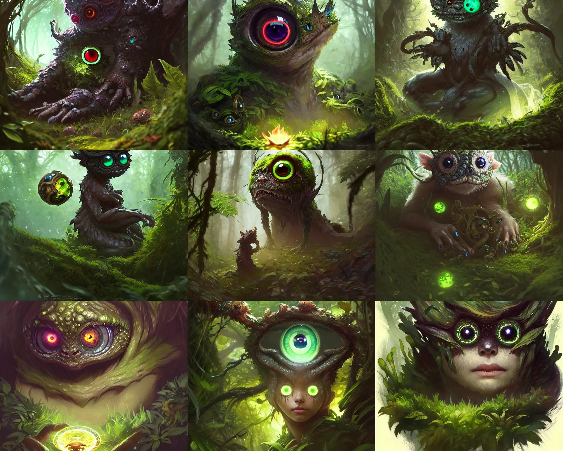 Prompt: friendly creature covered in moss and leaves, big glowing eyes, chibi proportions, deep focus, d & d, fantasy, intricate, elegant, highly detailed, digital painting, artstation, concept art, matte, sharp focus, illustration, hearthstone, art by artgerm and greg rutkowski and alphonse mucha