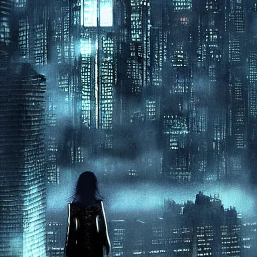 Image similar to “ girl standing on a roof looking down at a foggy futuristic new york city below, ghostpunk, blade runner, cyberpunk, storm clouds, very detailed, by mike deodato ”