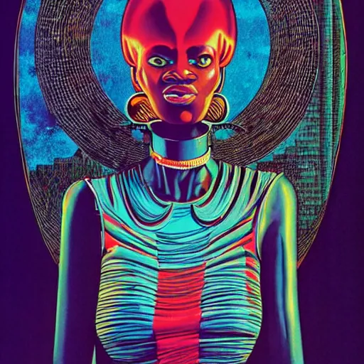 Image similar to african woman, cyberpunk, retro vintage art, cool, 80s, nomad, street style, symmetrical, 2d matte illustration, Stanisław Szukalski + Moebius,