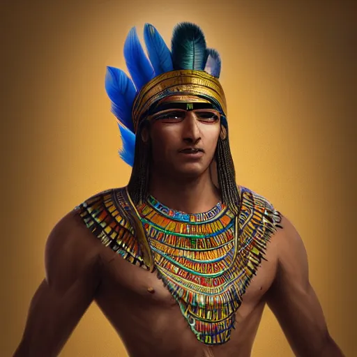 Image similar to a man in a costume with feathers on his head, egyptian art by senior character artist, cgsociety, fantasy art, made of feathers, egyptian art, concept art