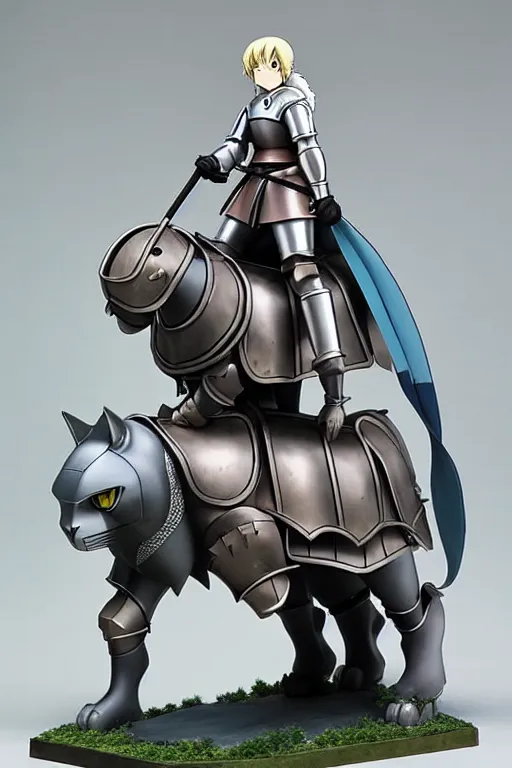 Image similar to female knight riding a heavy armored giant cat, finely detailed features, by studio ghibli