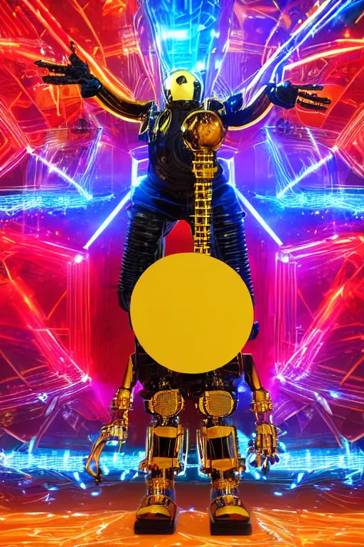 Prompt: portrait photo of a giant huge golden and blue metal humanoid steampunk robot guitar player with multicolored big gears and tubes, a red electric guitar, eyes are glowing red lightbulbs, shiny crisp finish, 3 d render, 8 k, insaneley detailed, fluorescent colors, background is multicolored lasershow