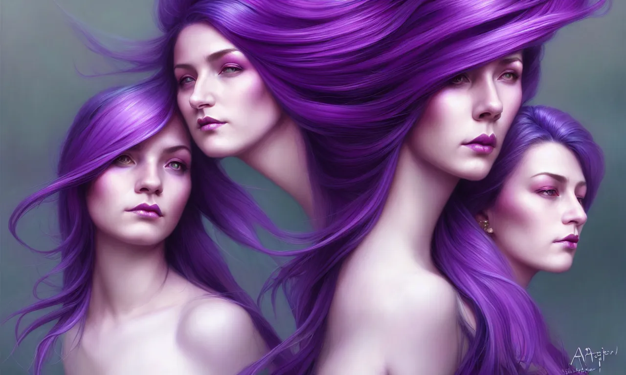 Image similar to Purple hair relistic Portrait of a two woman with bright colored flying hair, all shades of purple. Beauty face, Hair coloring, fantasy, intricate, elegant, highly detailed, digital painting, artstation, concept art, smooth, sharp focus, illustration, art by artgerm and greg rutkowski and alphonse mucha