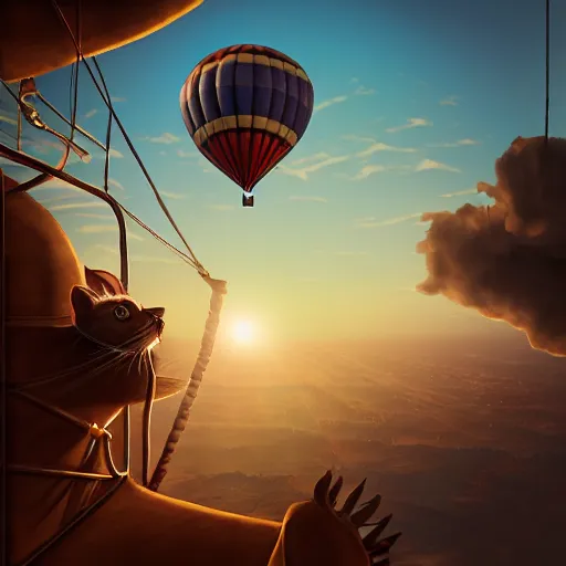 Prompt: Over-the-shoulder shot of a cat sitting in a hot air balloon, sunset time, steampunk tyle, digital art, matte painting, trending on artstation and unreal engine