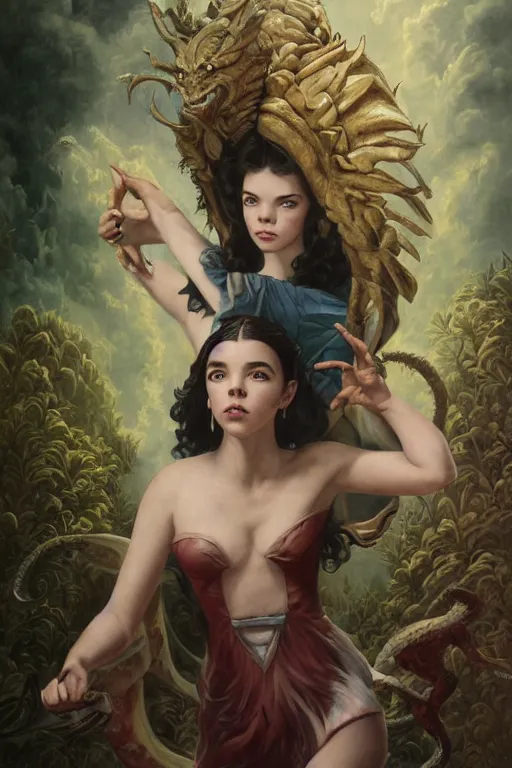 Image similar to A fantasy comic book style portrait painting of Anya Taylor-Joy, hybrid, Natalie Wood, as an Atlantean Reptilian Warrior, François Boucher, Oil Painting, Mystical Valkyrie, unreal 5, DAZ, hyperrealistic, octane render, Regal, Refined, Detailed Digital Art, RPG portrait, William-Adolphe Bouguereau, Michael Cheval, Walt Disney (1937), Steampunk, dynamic lighting, Highly Detailed, Cinematic Lighting, Unreal Engine, 8k, HD